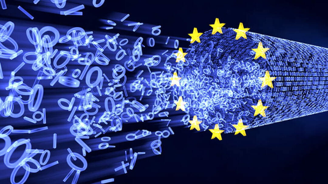 Protection des données de l'Union européenne (GDPR) : bits et octets dans un flux lumineux avec des étoiles de l'UE. Illustration 3D